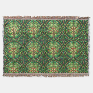 Ornate tree pattern in green and brown on a woven  throw blanket