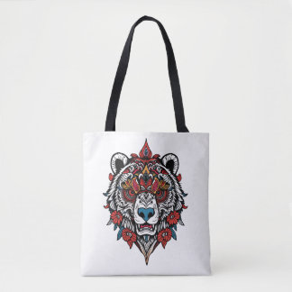 Ornate Tribal Bear Tote Bag with Floral Accents