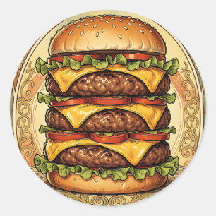 Ornate Triple Cheeseburger Classic Round Sticker