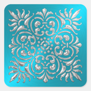 Ornate Turquoise and Silver Embossed Look Sticker