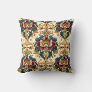 Ornate Victorian Floral Damask in Teal and Burgund Cushion