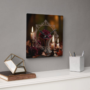 Ornate Victorian Mirror Purple Rose Candlelight  Square Wall Clock
