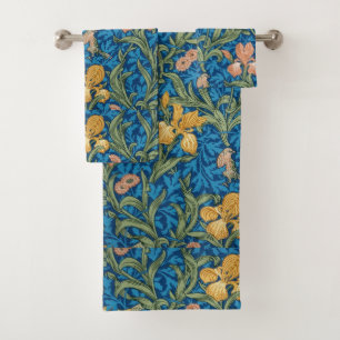 Ornate Victorian Pink & Gold Iris on Blue Bath Towel Set
