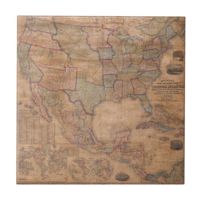 Ornate Victorian US Map on Aged Parchment Tile (Front)