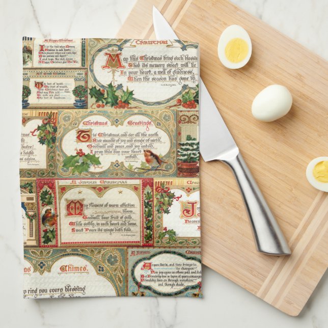 Ornate Vintage Christmas Greetings Collage Tea Towel (Quarter Fold)