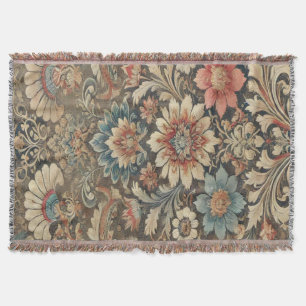 Ornate Vintage Floral Brocade in Warm Earthy Tone Throw Blanket