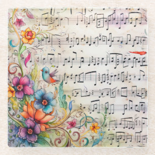 ORNATE VINTAGE FLORAL MUSICAL SHEET MUSIC GLASS COASTER