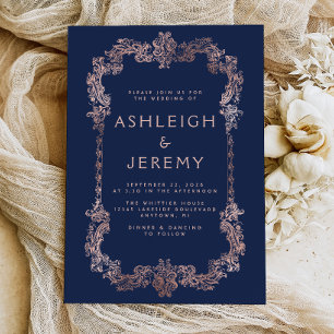 Ornate Vintage Frame Navy Blue Rose Gold Wedding Invitation