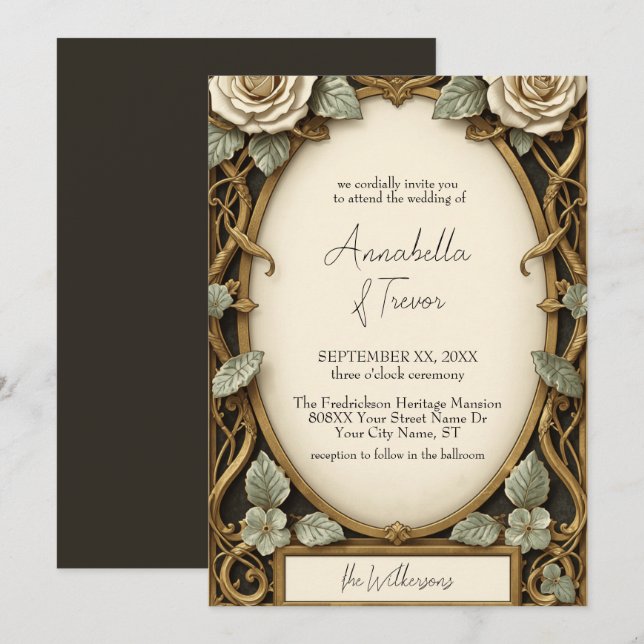 Ornate Vintage Frame with White Roses Invitation (Front/Back)
