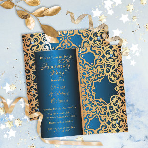 Ornate Vintage Gold And Blue Jewelled Anniversary Invitation