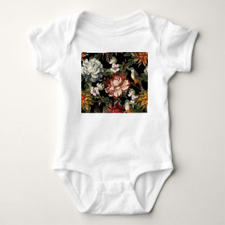 Ornate Vintage Peonies, Roses, Birds. Baby Bodysuit