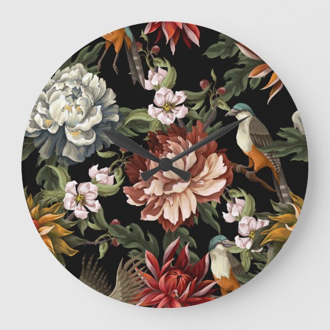 Ornate Vintage Peonies, Roses, Birds. Large Clock (Front)