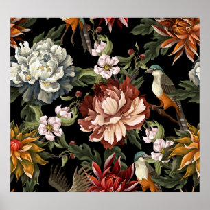 Ornate Vintage Peonies, Roses, Birds. Poster