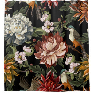 Ornate Vintage Peonies, Roses, Birds. Shower Curtain