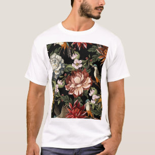 Ornate Vintage Peonies, Roses, Birds. T-Shirt