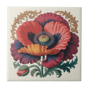 Ornate Vintage Poppy Floral Illustration Tile