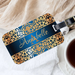 Ornate Vintage Shiny Gold And Blue Jewelled Custom Luggage Tag