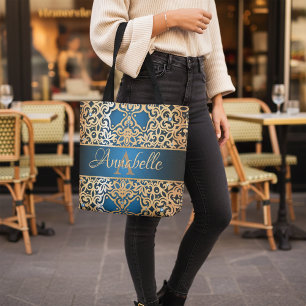 Ornate Vintage Shiny Gold And Blue Jewelled Custom Tote Bag