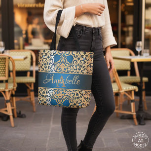 Ornate Vintage Shiny Gold And Blue Jewelled Custom Tote Bag