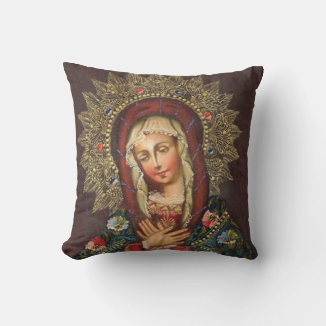 Ornate Virgin Mary Madonna Flowers Cushion (Front)