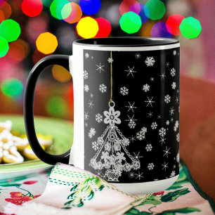 Ornate White Christmas Tree Snowflakes on Black Mug