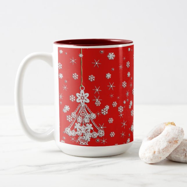 Ornate White Christmas Tree & Snowflakes Two-Tone Coffee Mug (With Donut)