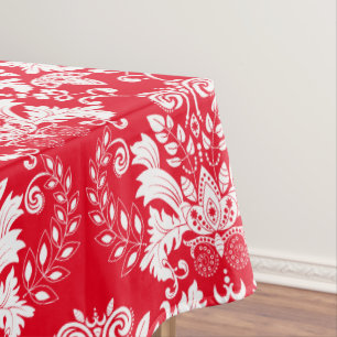 Ornate White Floral Damasks Red Background Tablecloth