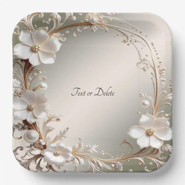 Ornate White Floral Frame Paper Plate (Front)