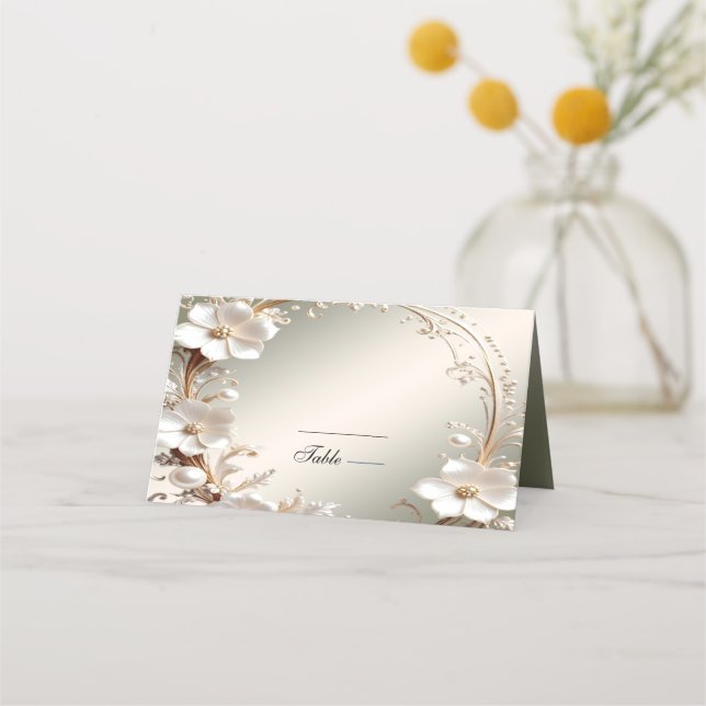 Ornate White Floral Frame Place Card (Front)