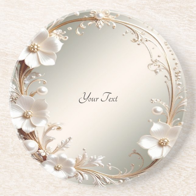 Ornate White Floral Frame Sandstone Coaster (Front)