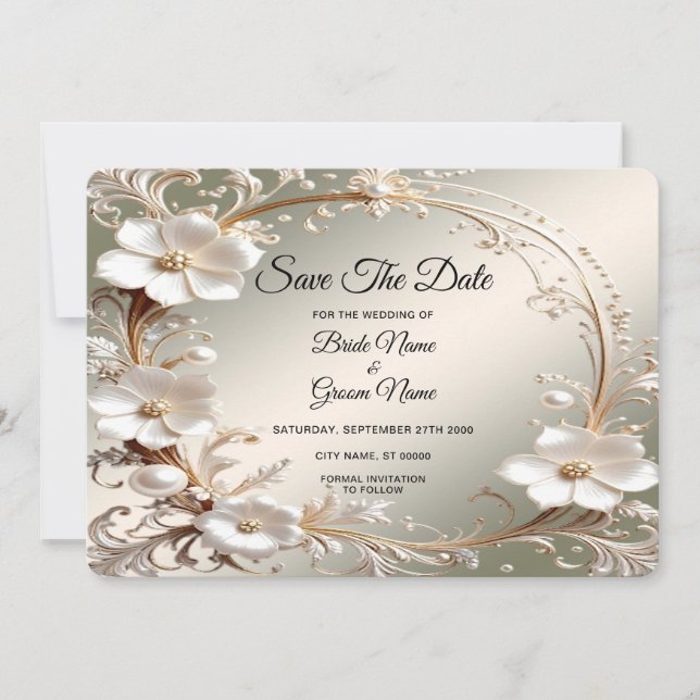 Ornate White Floral Frame Save The Date (Front)