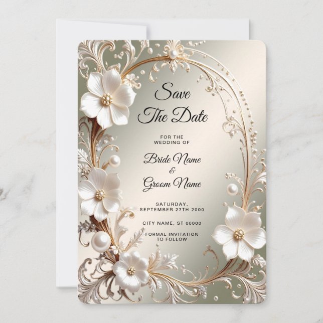 Ornate White Floral Frame Save The Date (Front)