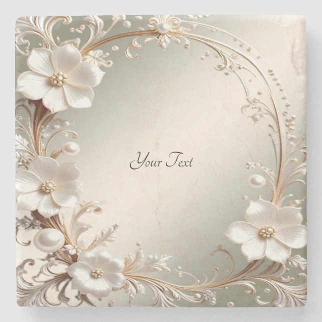 Ornate White Floral Frame Stone Coaster (Front)