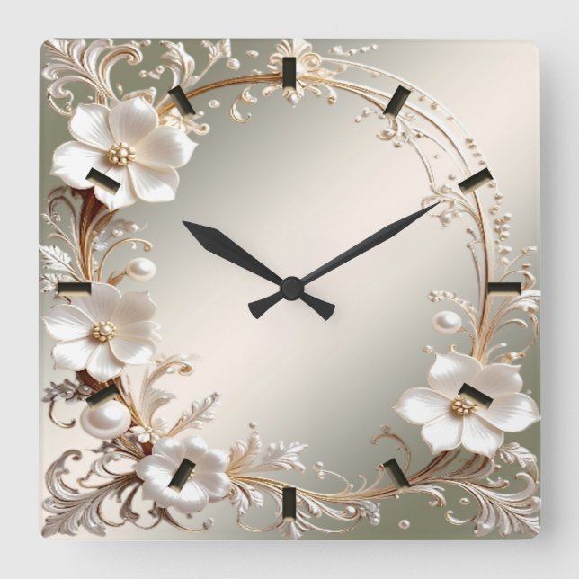 Ornate White Floral Frame Wall Clock (Front)