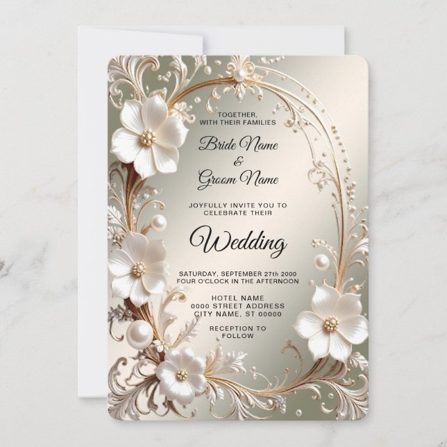 Ornate White Floral Frame Wedding Invitation (Front)