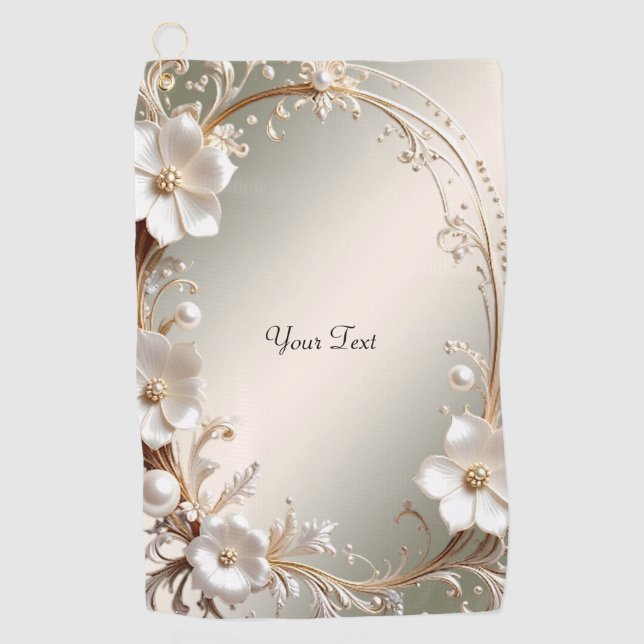 Ornate White Floral Golf Towel (Front)
