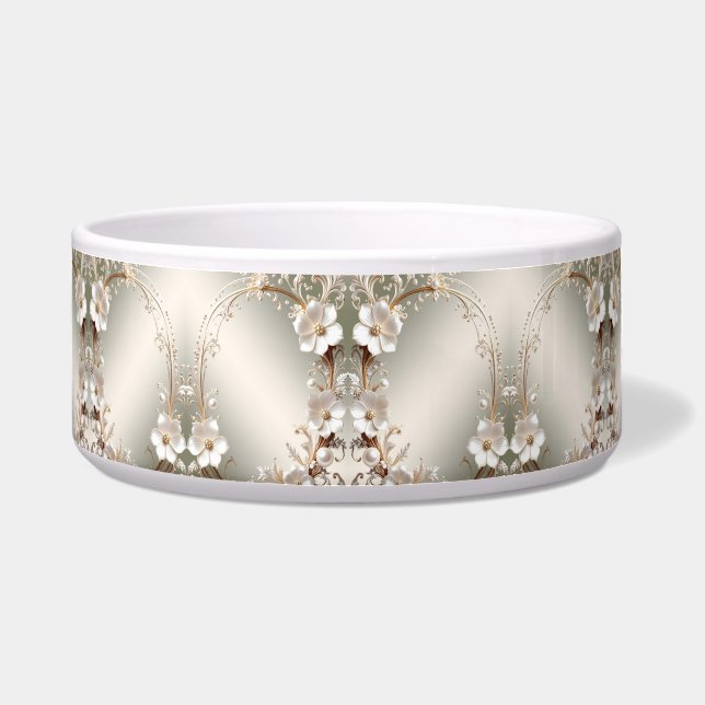 Ornate White Floral Pet Bowl (Front)