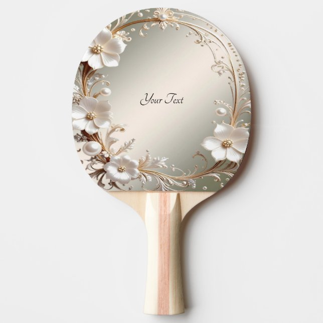 Ornate White Floral Ping Pong Paddle (Front)