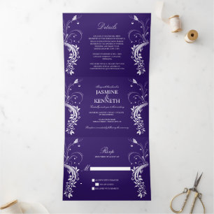 Ornate White Floral Swirls on Dark Purple Wedding Tri-Fold Invitation
