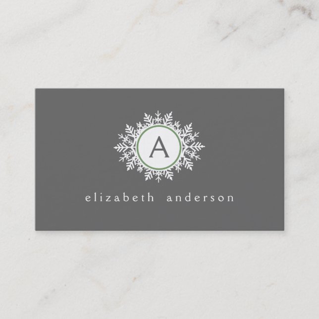Ornate White Sage Green Snowflake Monogram Grey Business Card (Front)