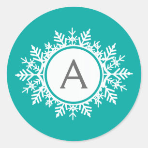 Ornate White Snowflake Monogram on Bright Teal Classic Round Sticker