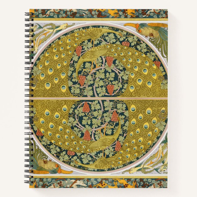 Ornate William Morris Style Peacock Grapevine Art Notebook (Front)