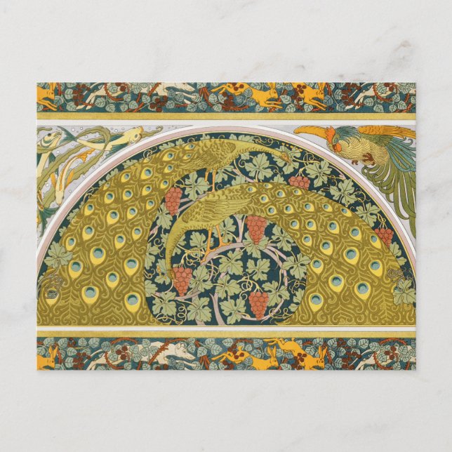 Ornate William Morris Style Peacock Grapevine Art Postcard (Front)