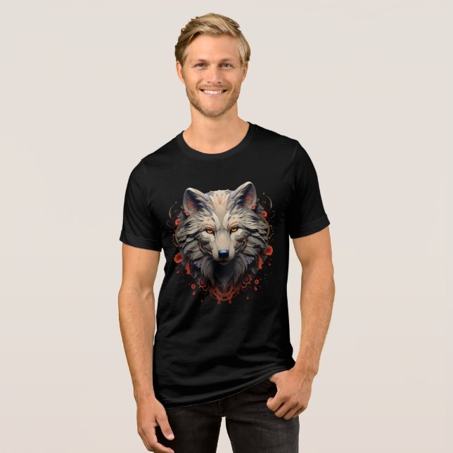 Ornate Wolf Face – Floral Fantasy Design Tri-Blend Shirt (Front Full)
