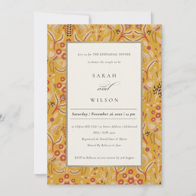Ornate Yellow Floral Bird Rehearsal Dinner Invite (Front)