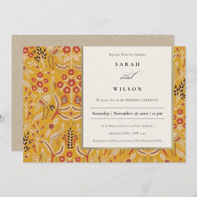 Ornate Yellow Gold Classy Floral Peacock Wedding Invitation (Front/Back)