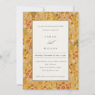 Ornate Yellow Gold Floral Peacock Engagement Invitation