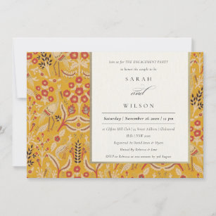 Ornate Yellow Gold Floral Peacock Engagement Invitation