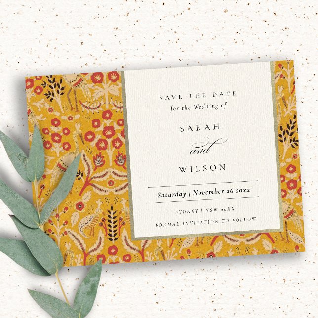Ornate Yellow Gold Floral Peacock Save The Date Invitation (Creator Uploaded)