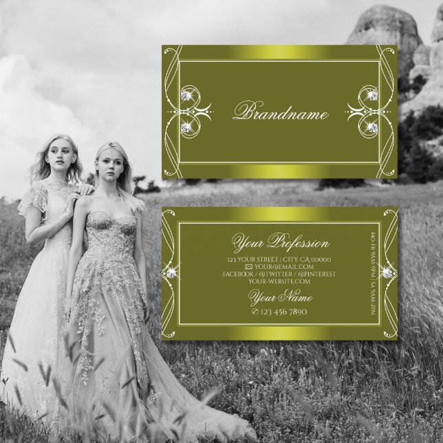 Ornate Yellow Olive Sparkling Diamonds Ornaments Business Card (Creator Uploaded)